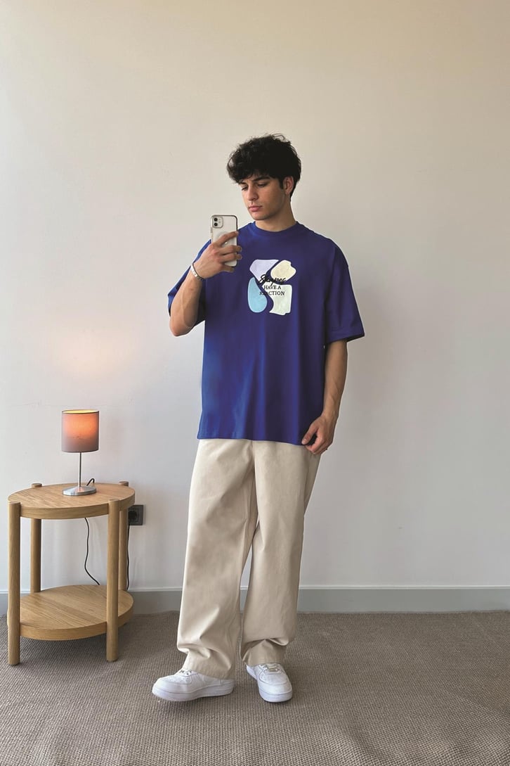 Desen Baskılı Saks Mavi Oversize Tişört