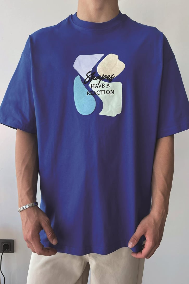 Desen Baskılı Saks Mavi Oversize Tişört