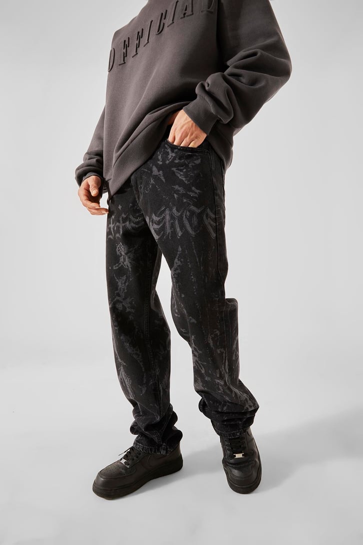 Desen Baskılı Siyah Baggy Jean