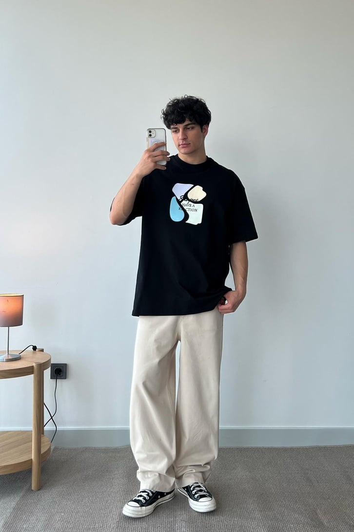 Desen Baskılı Siyah Oversize Tişört