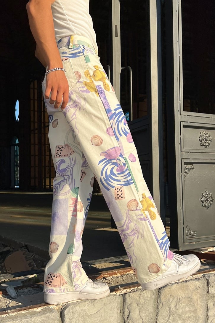 Desenli Ekru Baggy Jean