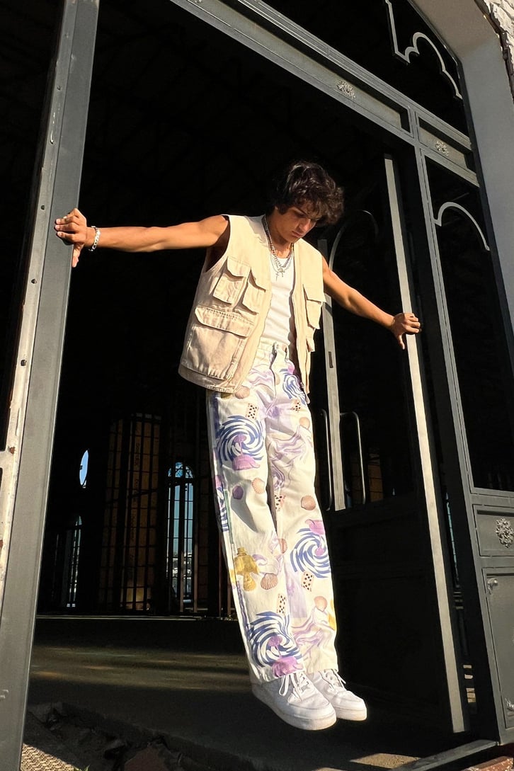 Desenli Ekru Baggy Jean