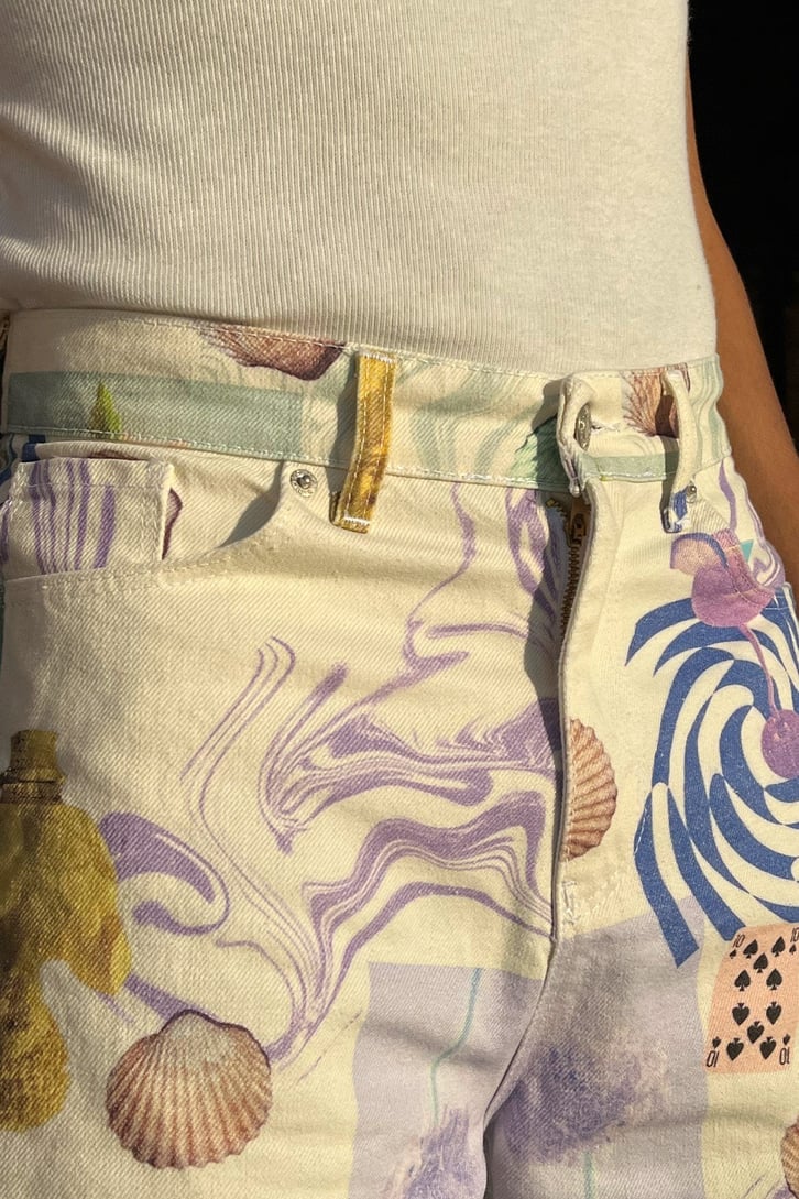 Desenli Ekru Baggy Jean