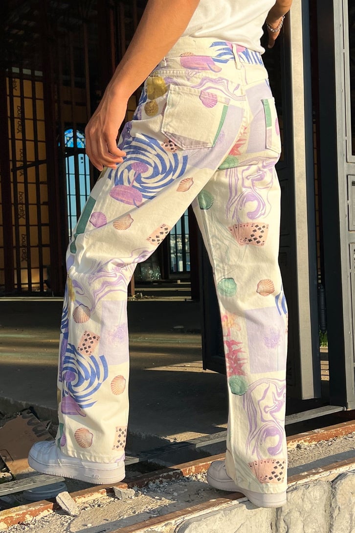 Desenli Ekru Baggy Jean