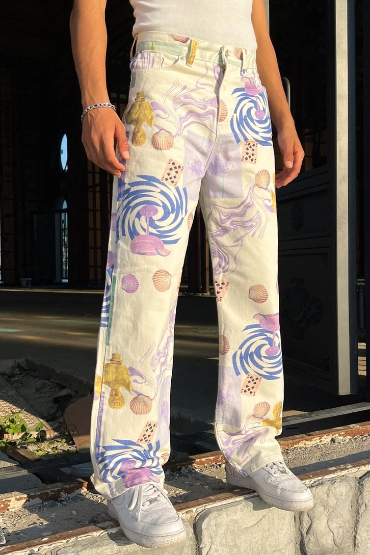 Desenli Ekru Baggy Jean