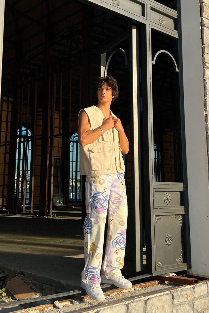 Desenli Ekru Baggy Jean