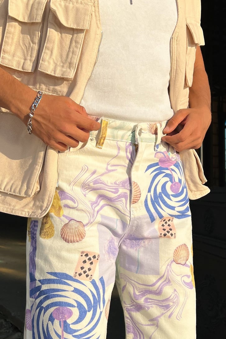 Desenli Ekru Baggy Jean