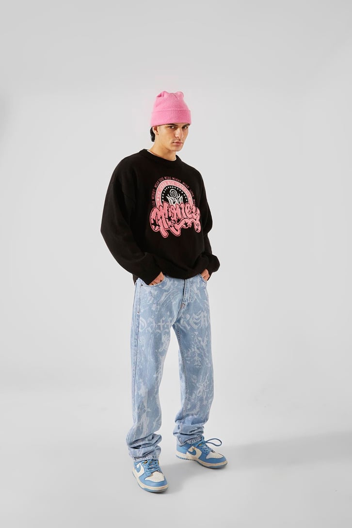 Desenli Mavi Baggy Jean
