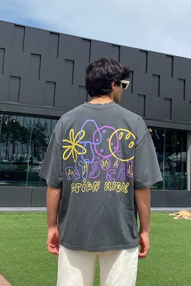 Design High Doodles Sırt Baskılı Antrasit Oversize Tshirt