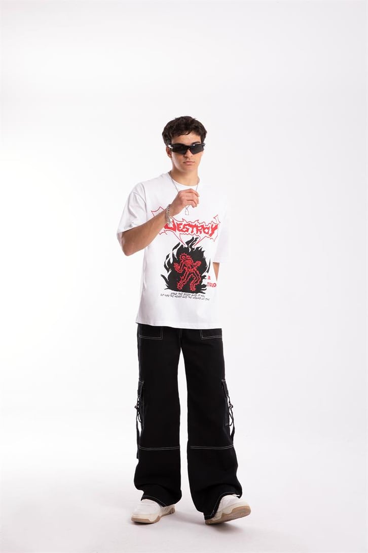 Destroy Baskılı Beyaz Oversize Tshirt