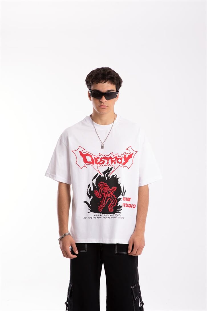 Destroy Baskılı Beyaz Oversize Tshirt