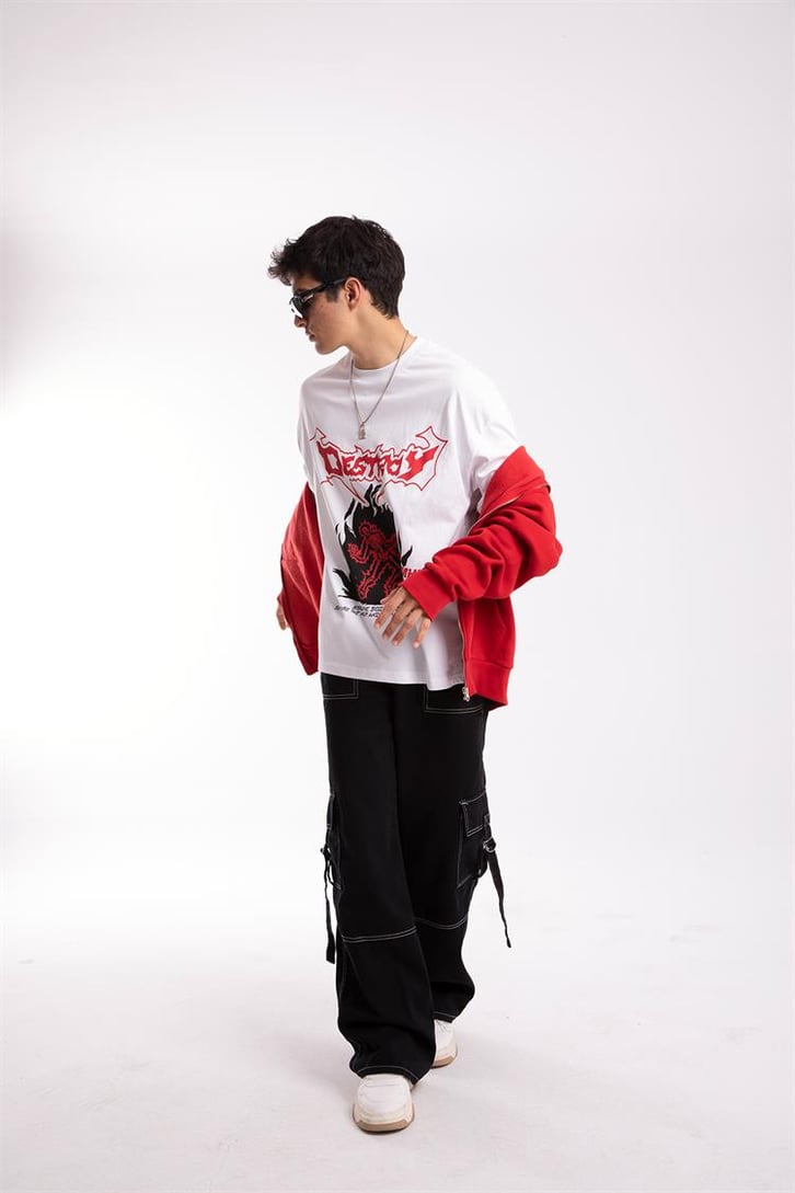 Destroy Baskılı Beyaz Oversize Tshirt