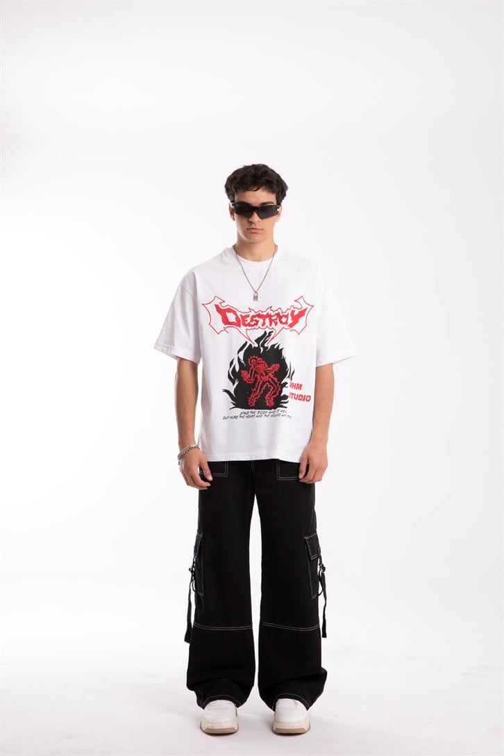 Destroy Baskılı Beyaz Oversize Tshirt