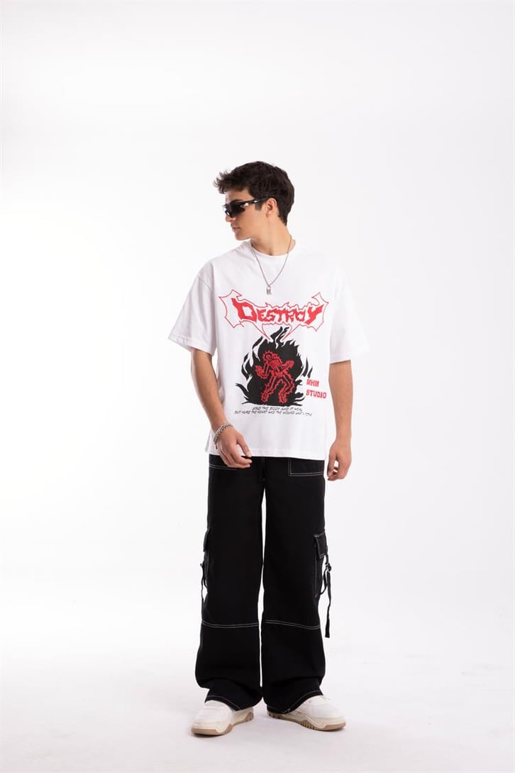 Destroy Baskılı Beyaz Oversize Tshirt
