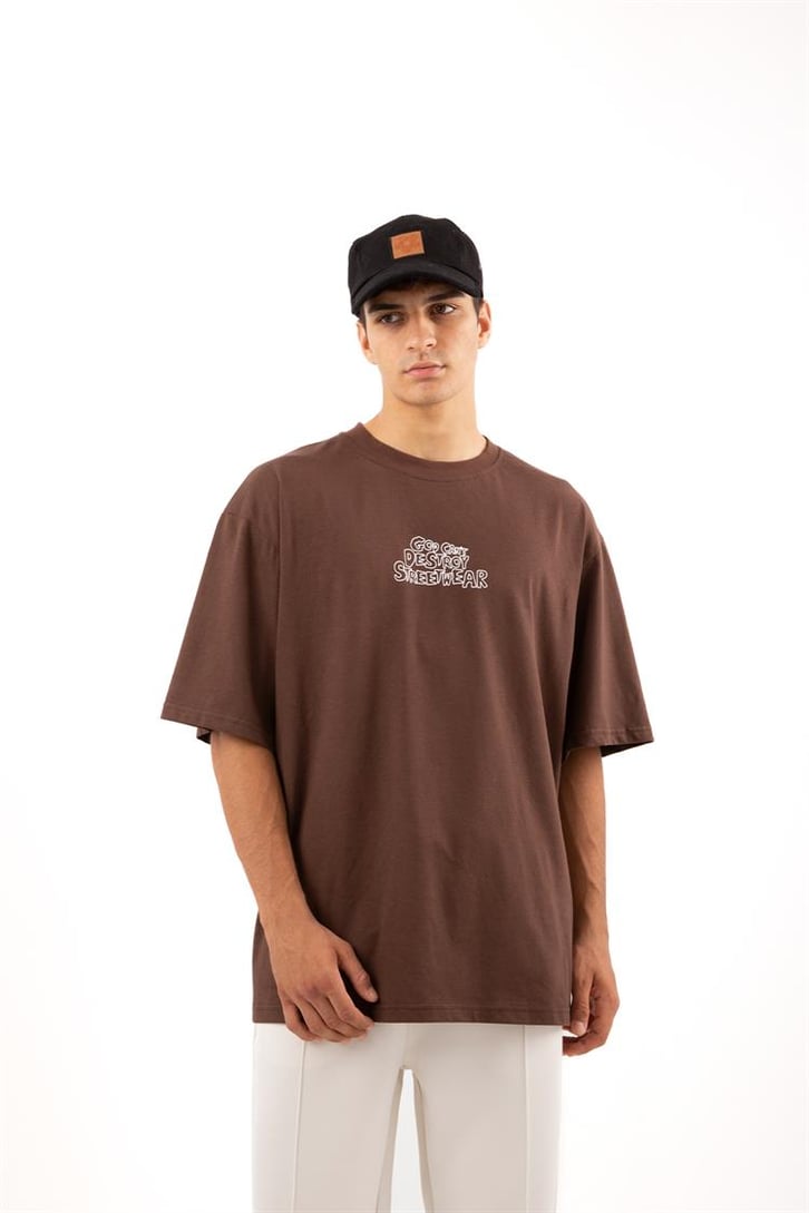 Destroy Streetwear Baskılı Kahverengi Oversize Tişört