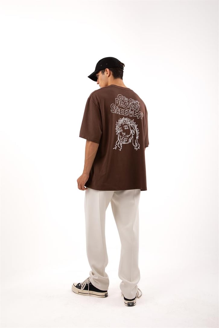 Destroy Streetwear Baskılı Kahverengi Oversize Tişört