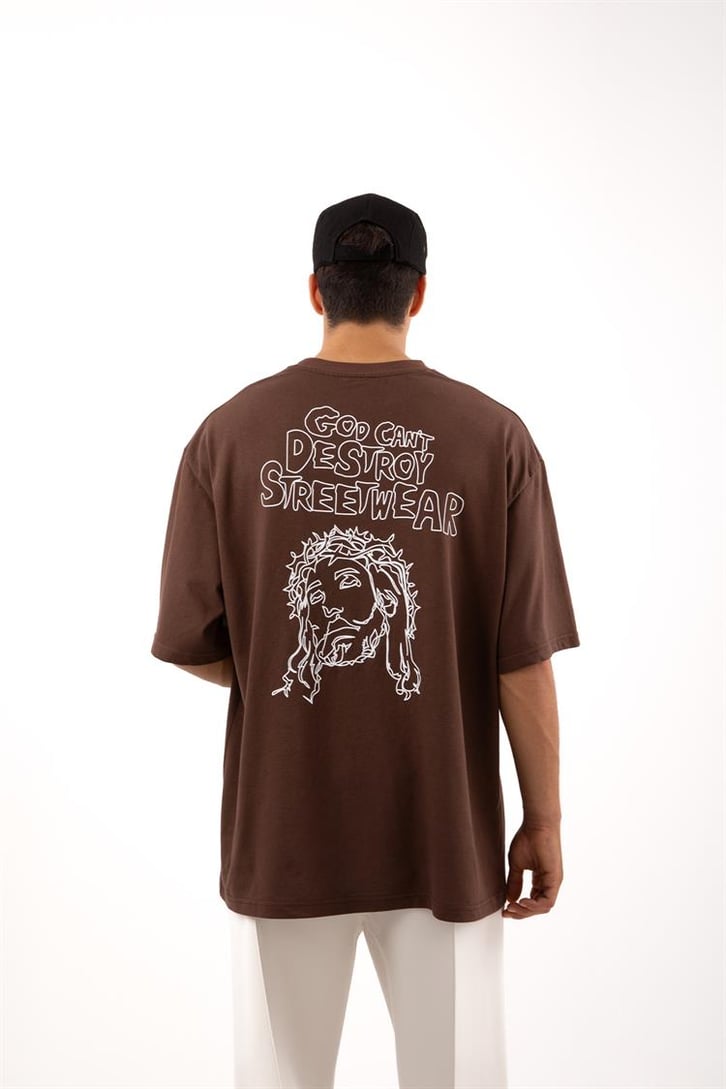 Destroy Streetwear Baskılı Kahverengi Oversize Tişört