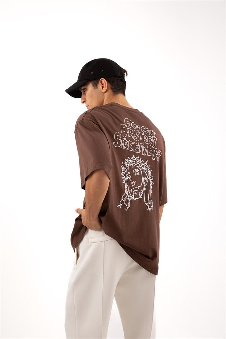 Destroy Streetwear Baskılı Kahverengi Oversize Tişört