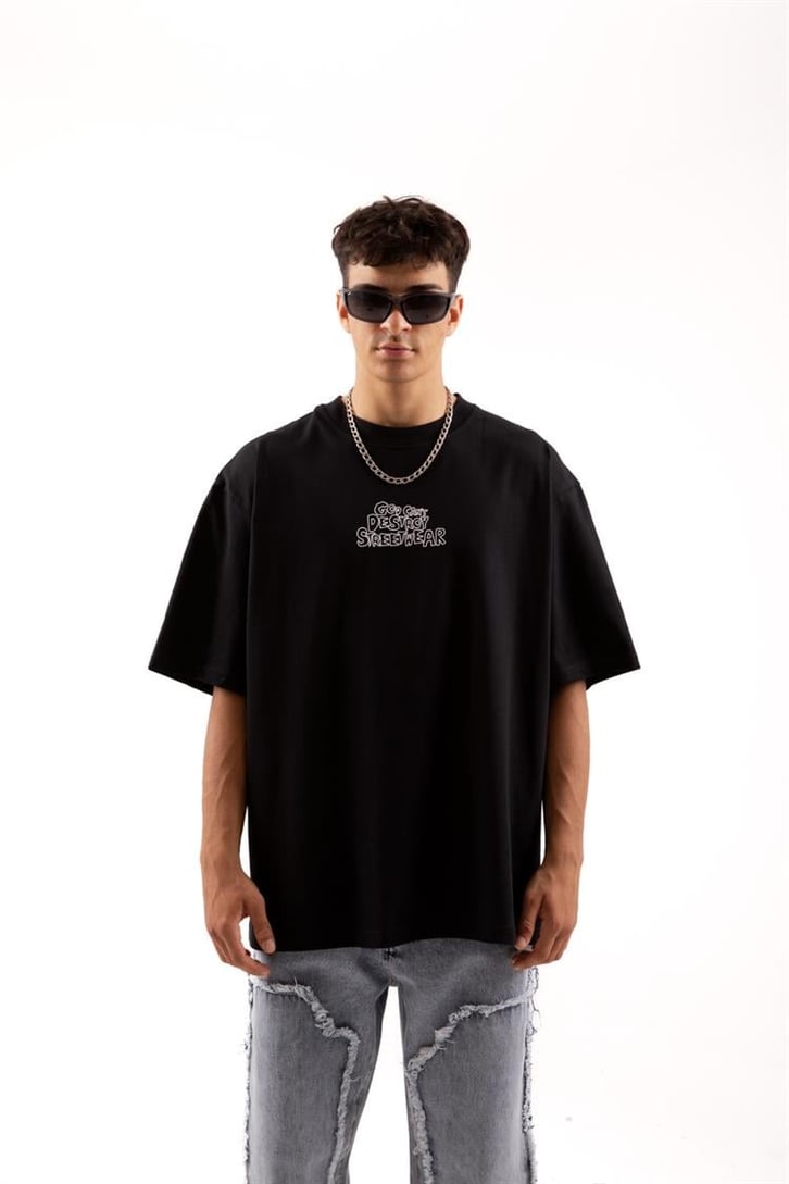Destroy Streetwear Baskılı Siyah Oversize Tişört
