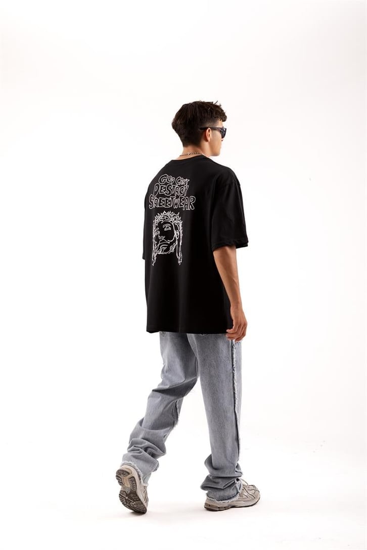 Destroy Streetwear Baskılı Siyah Oversize Tişört