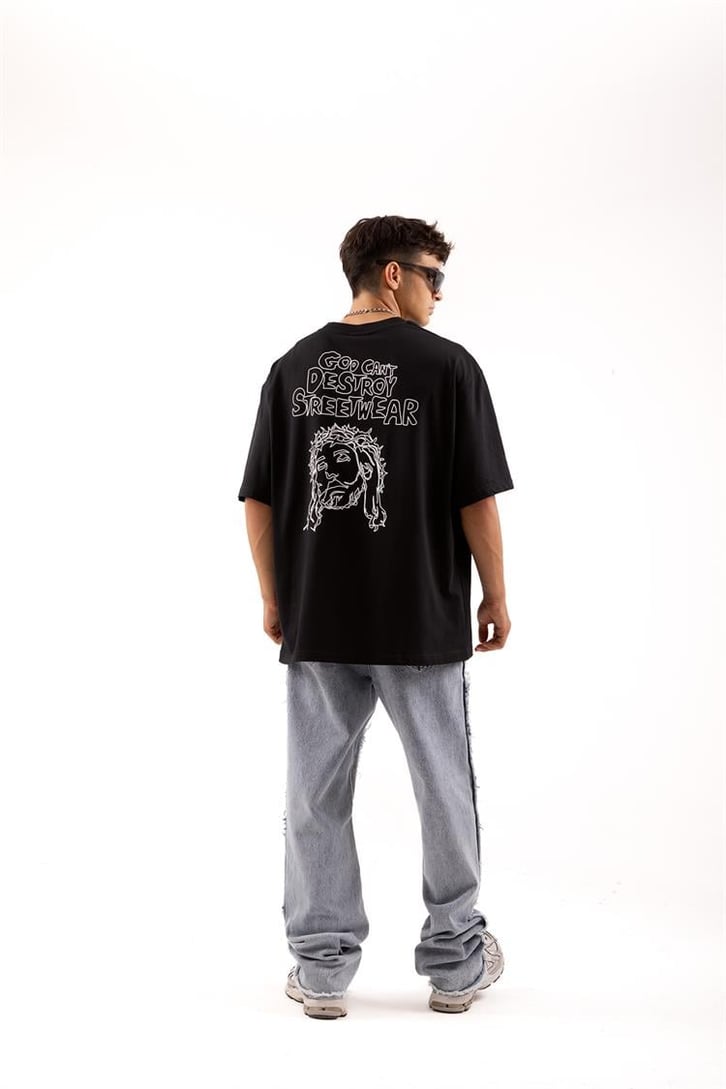 Destroy Streetwear Baskılı Siyah Oversize Tişört