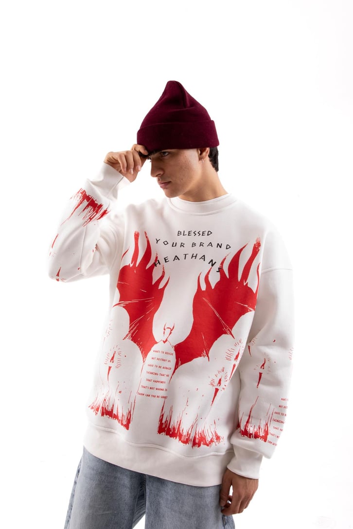 Devil Baskılı Beyaz Oversize Sweatshirt