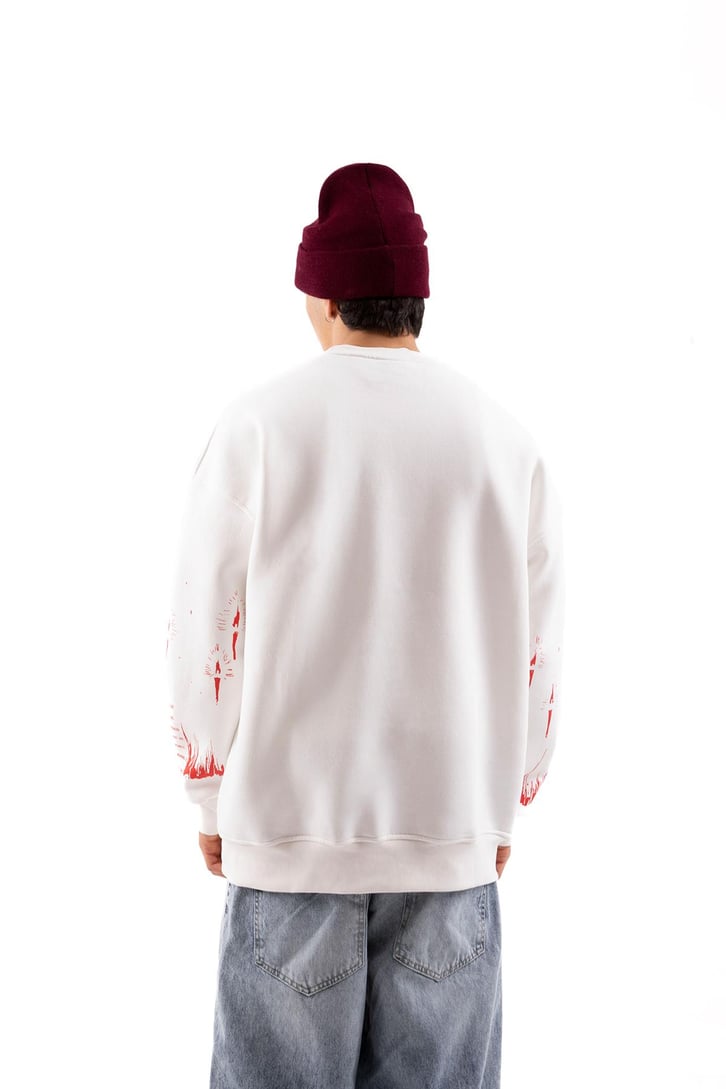 Devil Baskılı Beyaz Oversize Sweatshirt