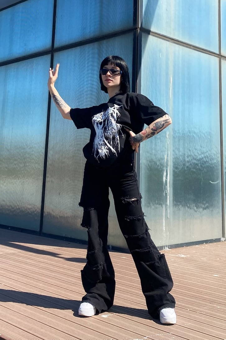 Devil Skeleton Baskılı Siyah Tshirt