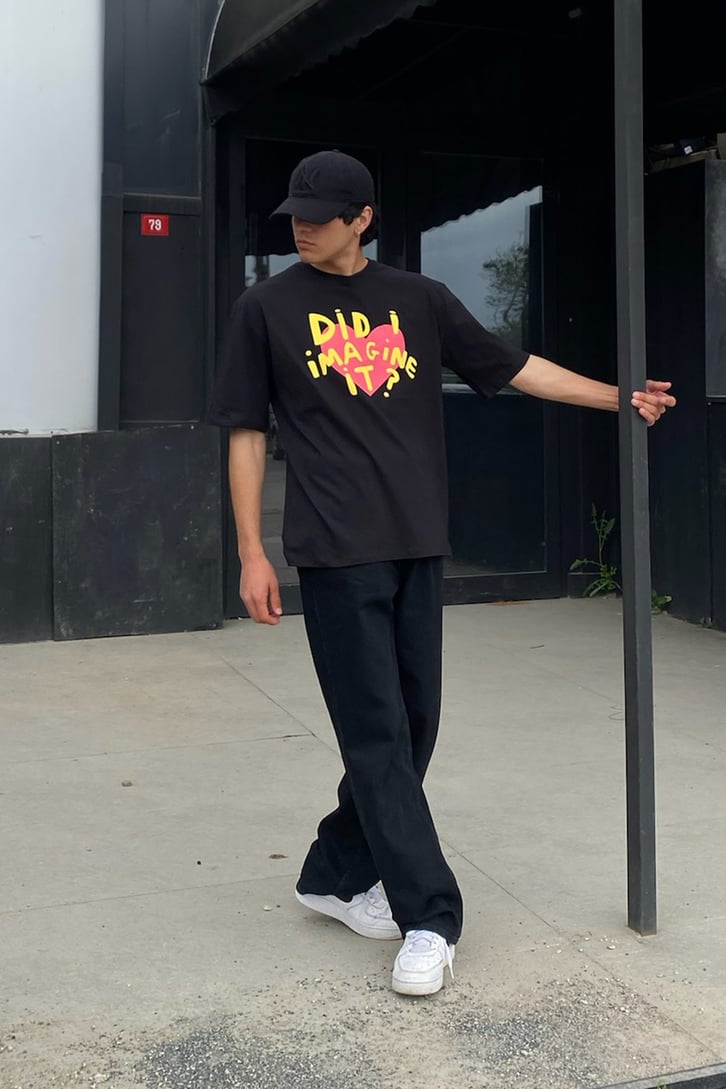 Did I Imagine It Baskılı Siyah Oversize Tshirt