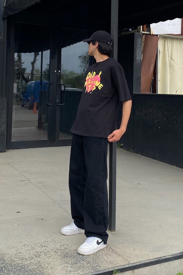 Did I Imagine It Baskılı Siyah Oversize Tshirt