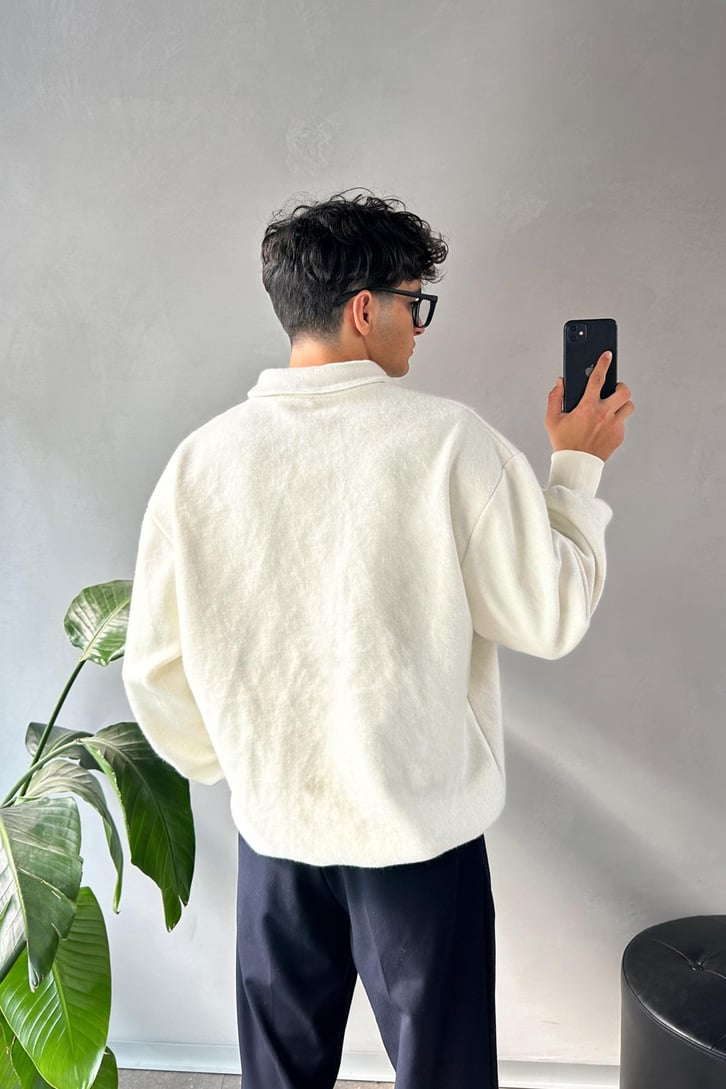 Dik Yaka Halt Zip Şardonlu Kumaş Sweatshirt