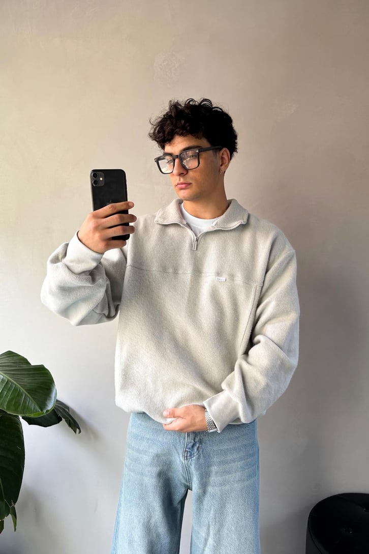 Dik Yaka Halt Zip Şardonlu Kumaş Sweatshirt