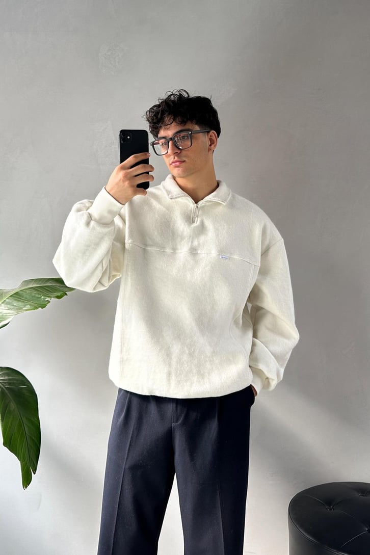 Dik Yaka Halt Zip Şardonlu Kumaş Sweatshirt