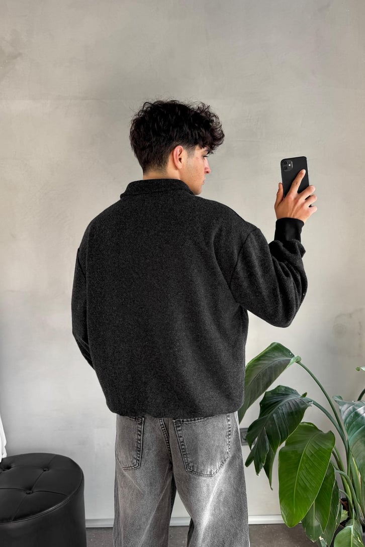 Dik Yaka Halt Zip Şardonlu Kumaş Sweatshirt