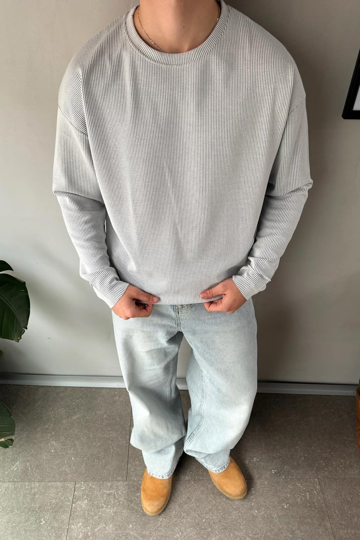 Dikiş Detay Çizgili Bisiklet Yaka Sweatshirt