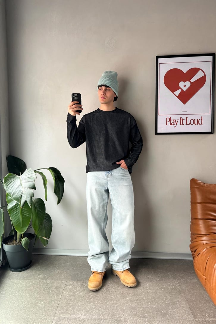 Dikiş Detay Çizgili Bisiklet Yaka Sweatshirt