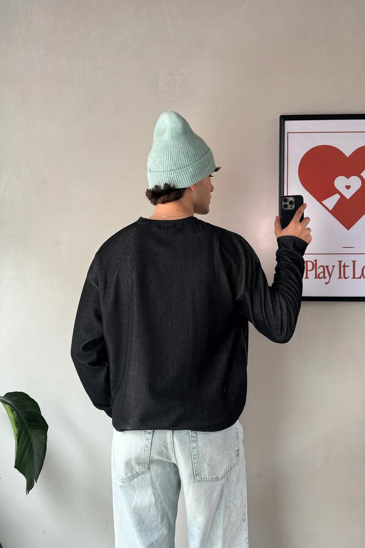 Dikiş Detay Çizgili Bisiklet Yaka Sweatshirt