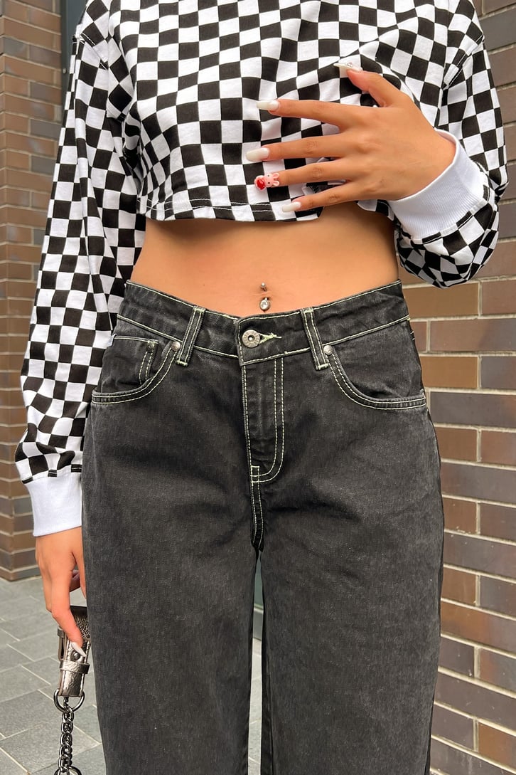 Dikiş Detaylı Antrasit Bol Paça Baggy Jean