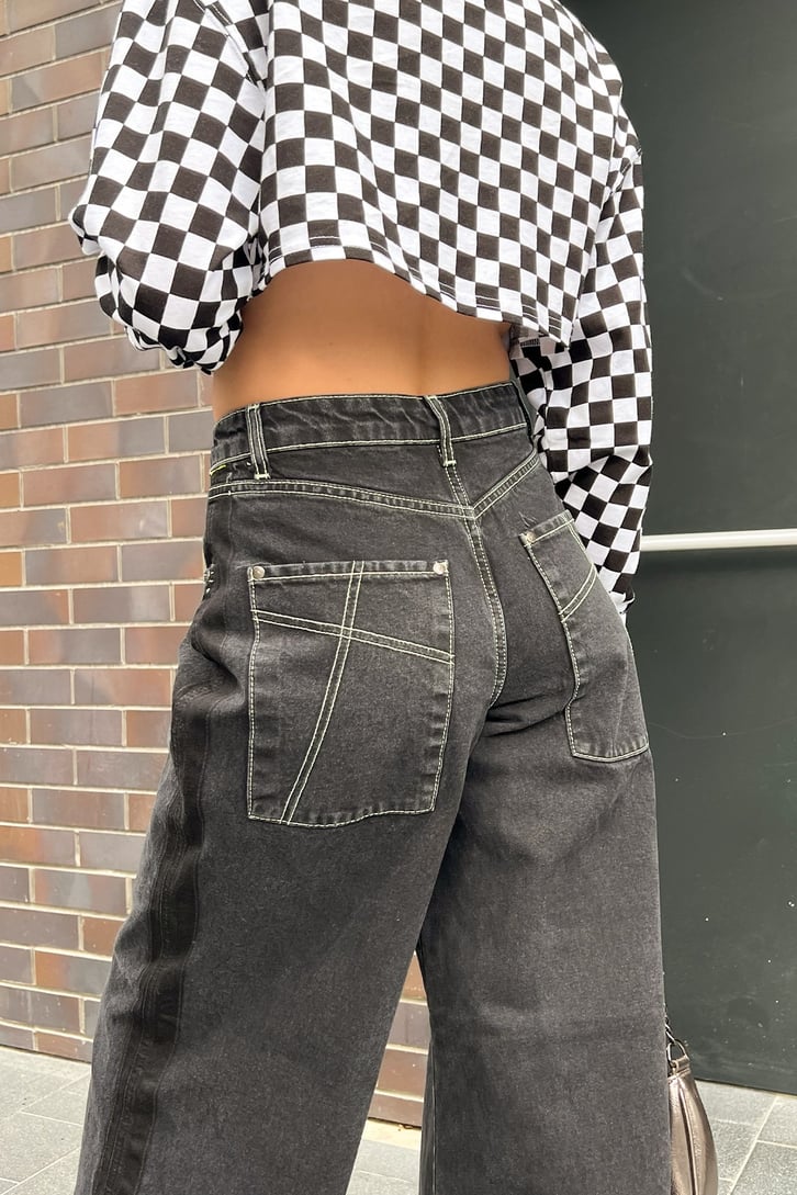 Dikiş Detaylı Antrasit Bol Paça Baggy Jean