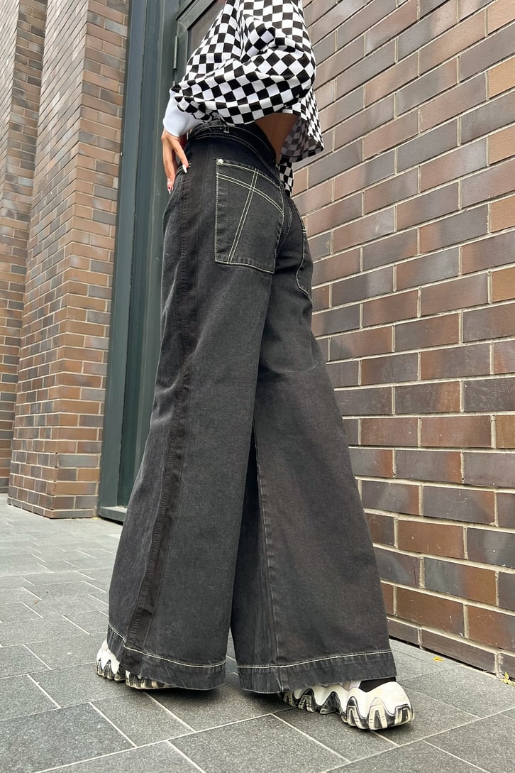 Dikiş Detaylı Antrasit Bol Paça Baggy Jean