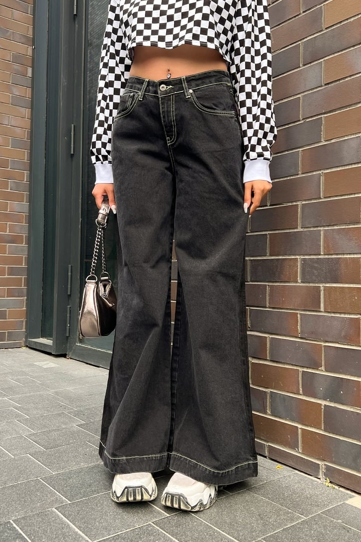 Dikiş Detaylı Antrasit Bol Paça Baggy Jean