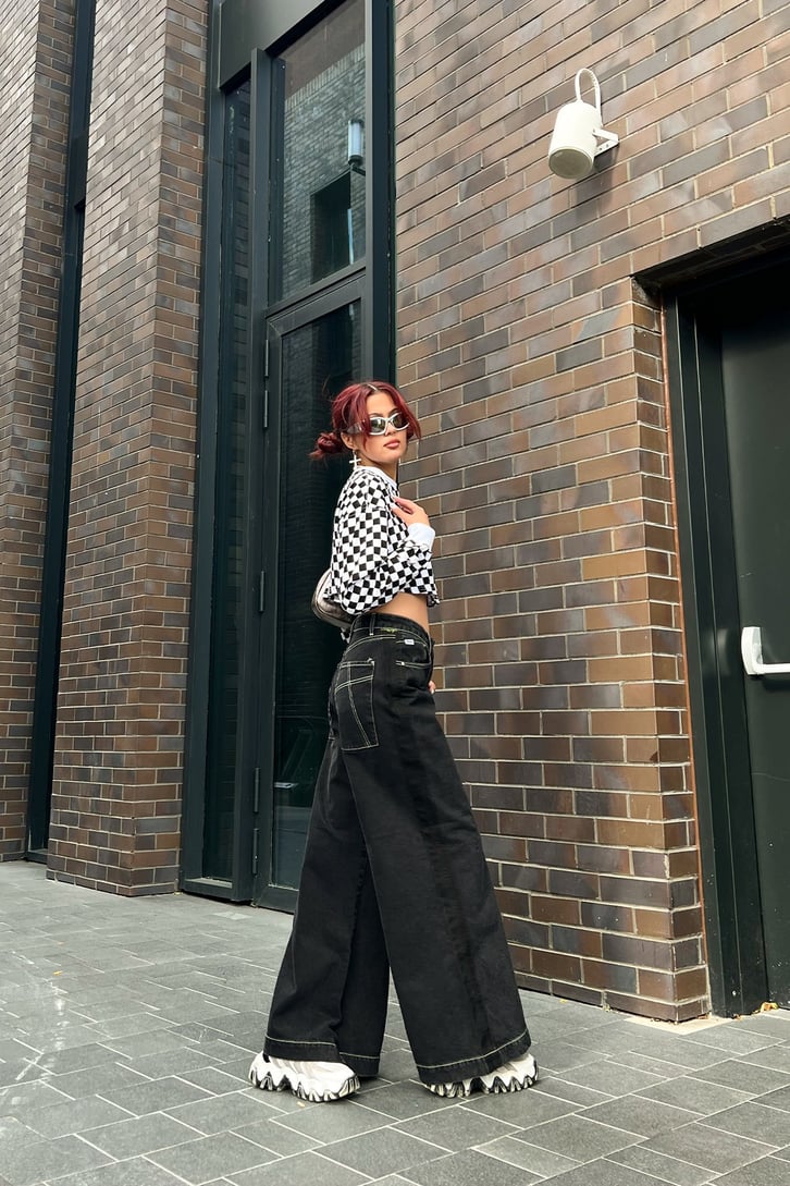 Dikiş Detaylı Antrasit Bol Paça Baggy Jean