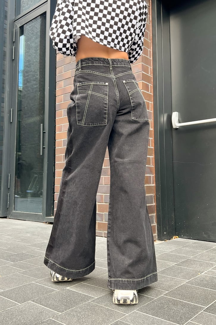 Dikiş Detaylı Antrasit Bol Paça Baggy Jean