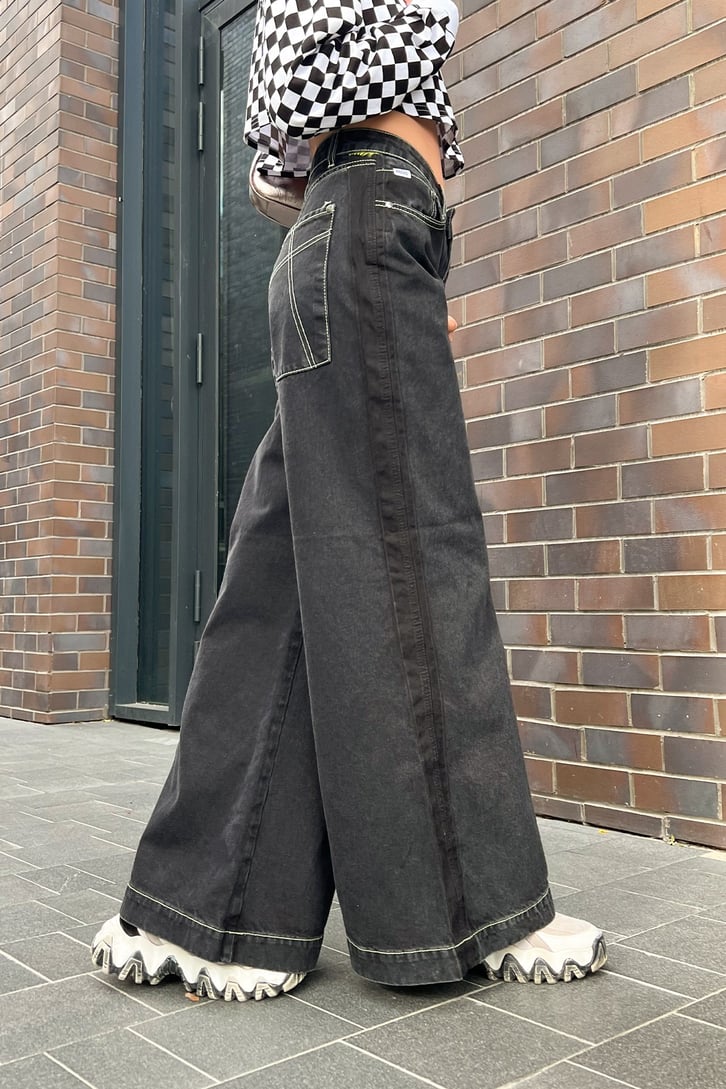 Dikiş Detaylı Antrasit Bol Paça Baggy Jean
