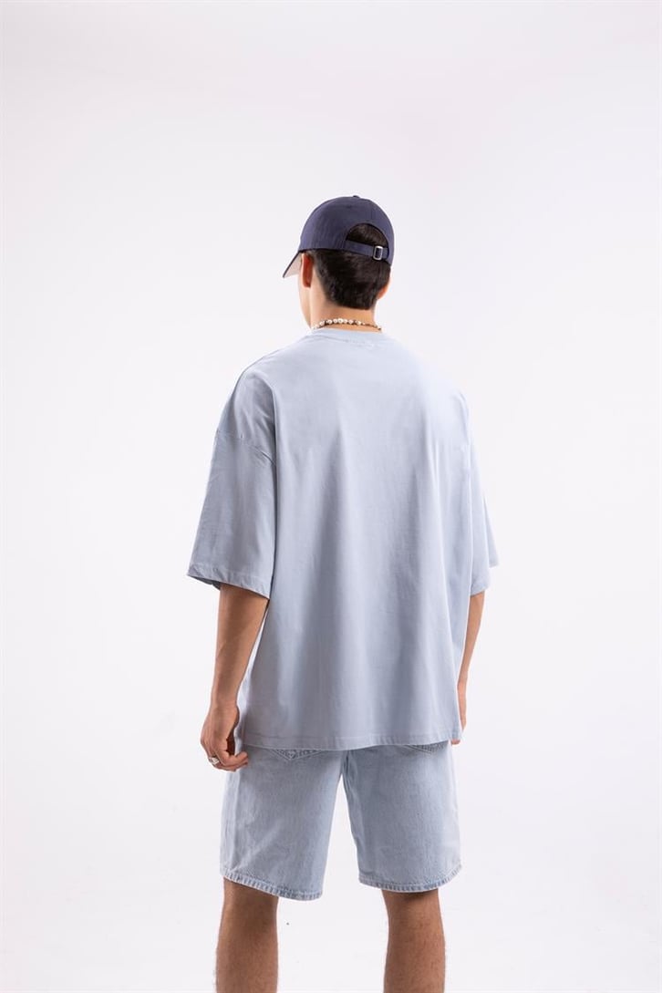 Dikiş Detaylı Basic Açık Mavi Oversize Tshirt