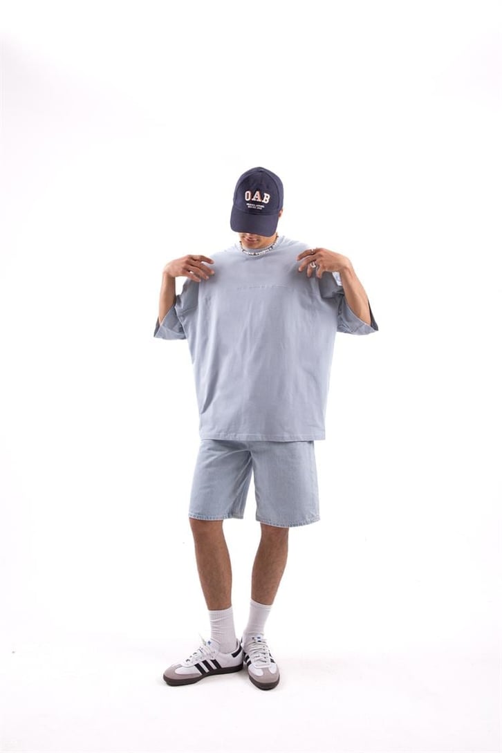 Dikiş Detaylı Basic Açık Mavi Oversize Tshirt