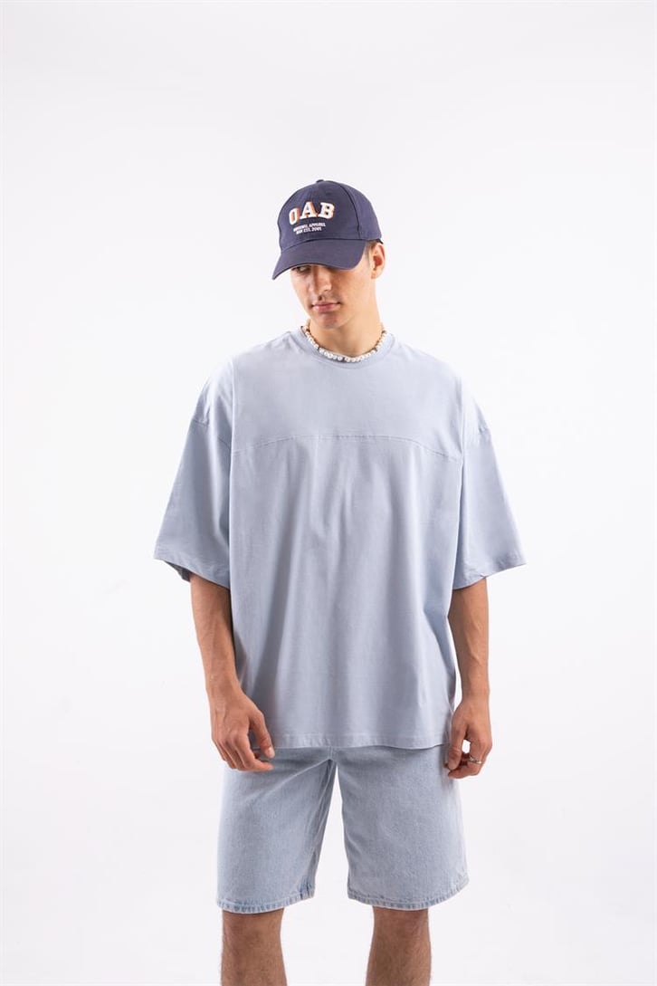 Dikiş Detaylı Basic Açık Mavi Oversize Tshirt