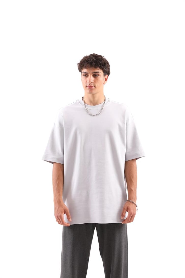 Dikiş Detaylı Buz Gri Oversize Tişört