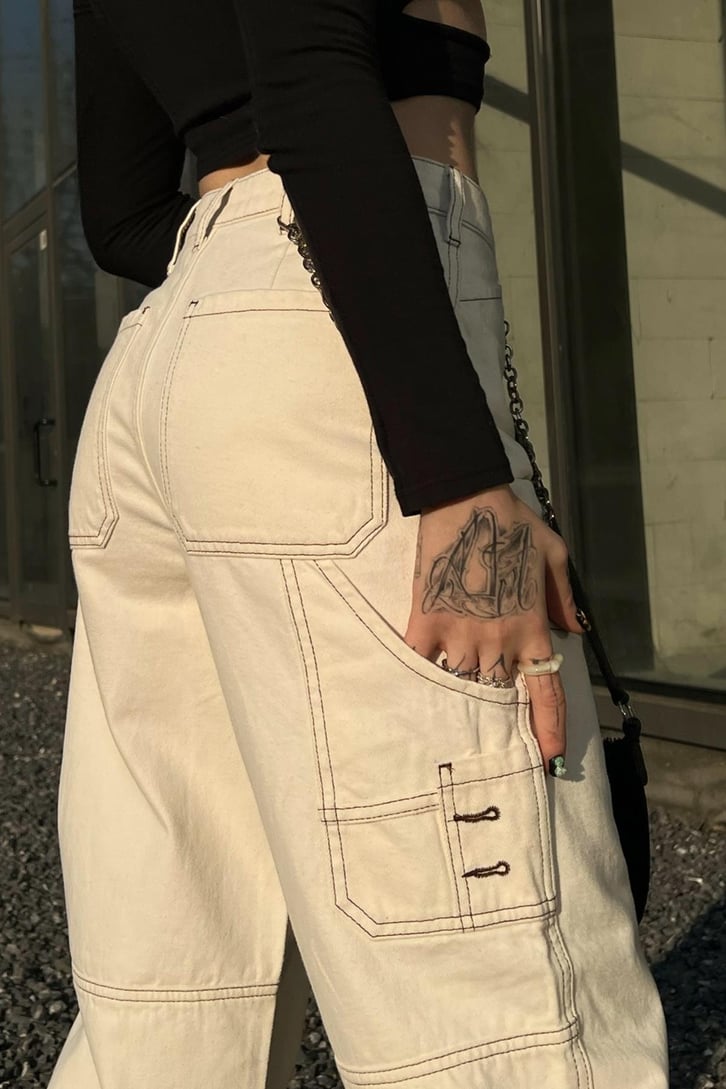 Dikiş Detaylı Krem Baggy Jean