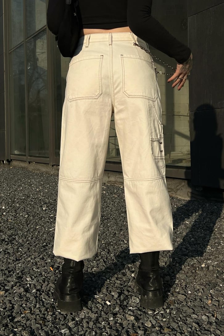Dikiş Detaylı Krem Baggy Jean